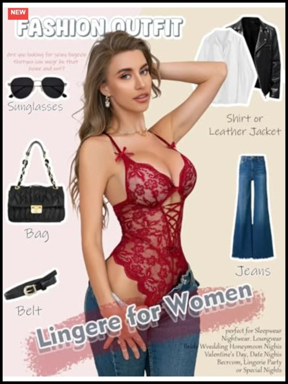 Lace Bodysuit Teddy Lingerie Bodysuit with Thigh Bands, Deep V Neck, Adjustable